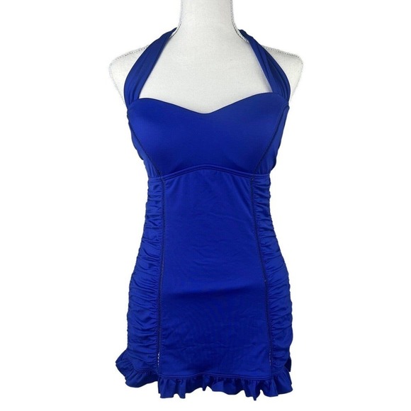 Jantzen Blue Swim Dress Swim Suit One Piece 8 Halter Ruched Soft Cups - Picture 1 of 16